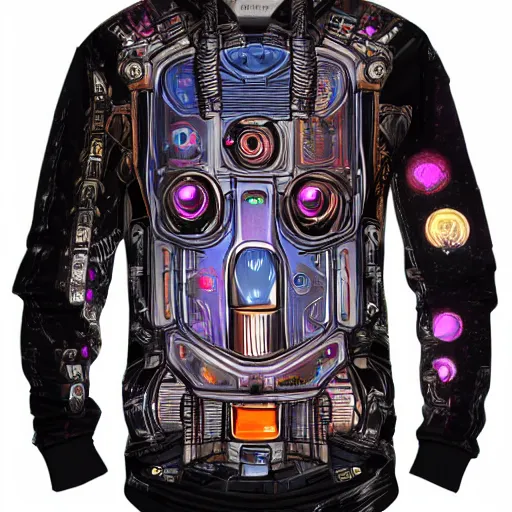 Prompt: mockup of a black hoodie with a hyperdetailed portrait of a steampunk robot on lsd, 8 k, symetrical, flourescent colors, trippy mood, multicolored,