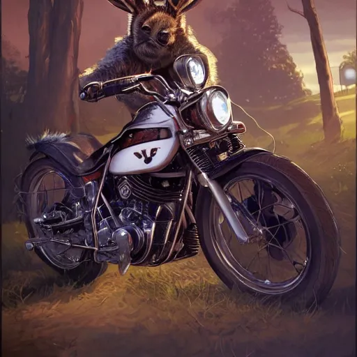 Image similar to highly detailed portrait of a biker rabbit in gta v, stephen bliss, unreal engine, fantasy art by greg rutkowski, loish, rhads, ferdinand knab, makoto shinkai and lois van baarle, ilya kuvshinov, rossdraws, tom bagshaw, global illumination, radiant light, detailed and intricate environment