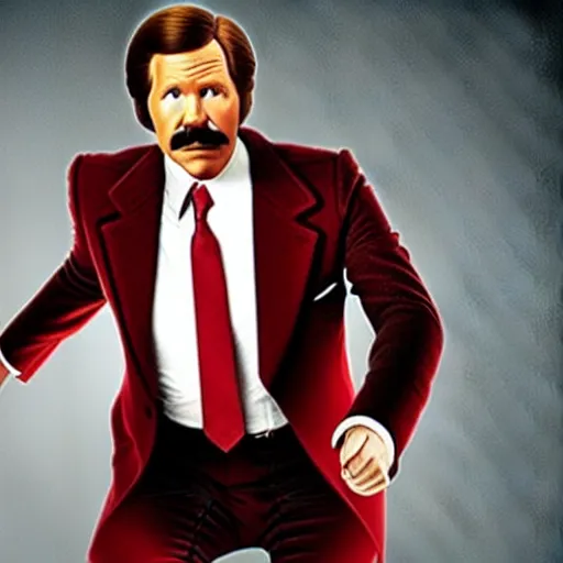 Image similar to a movie still of Alex Trebeck as Ron Burgundy in the movie Anchorman