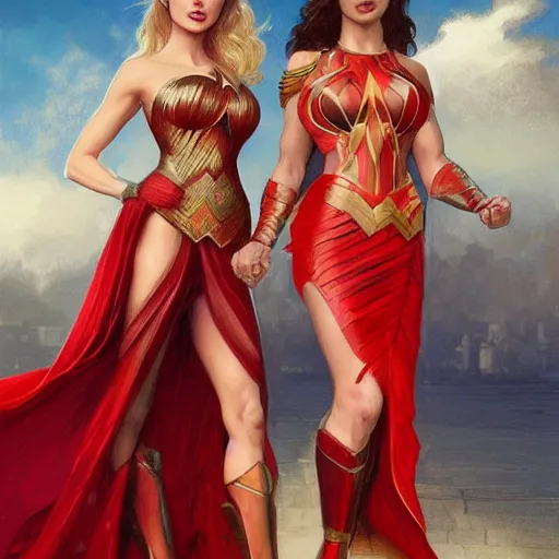 Image similar to lindsey pelas and gal gadot wearing a red kebaya, digital painting, artstation, concept art, sharp focus, illustration, art by artgerm and greg rutkowski and alphonse mucha