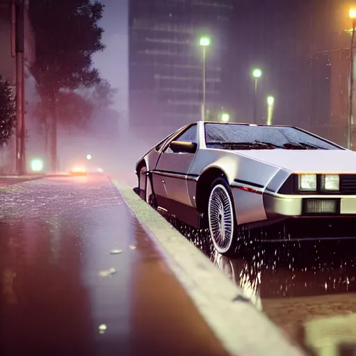 Image similar to hyperdetailed, photorealistic photograph of a dmc 1 2 delorean driving in the streets, rain, night, dense fog, hd, unreal engine 5