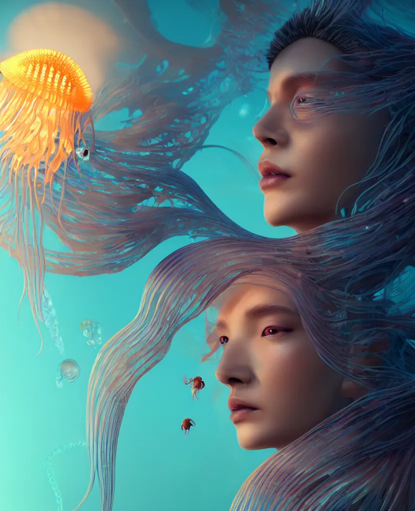 Image similar to goddess close-up portrait. orchid jellyfish phoenix head, nautilus, skull, betta fish, bioluminiscent creatures, intricate artwork by Tooth Wu and wlop and beeple. octane render, trending on artstation, greg rutkowski very coherent symmetrical artwork. cinematic, hyper realism, high detail, octane render, 8k