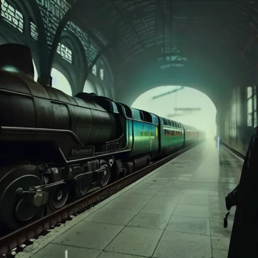 Prompt: :: Train to Hogwarts :: cyberpunk style :: Makoto Shinkai cyberpunk style :: Cinematography by Zack Snyder ::8k resolution :: cinematic shot :: epic :: awe :: masterpiece