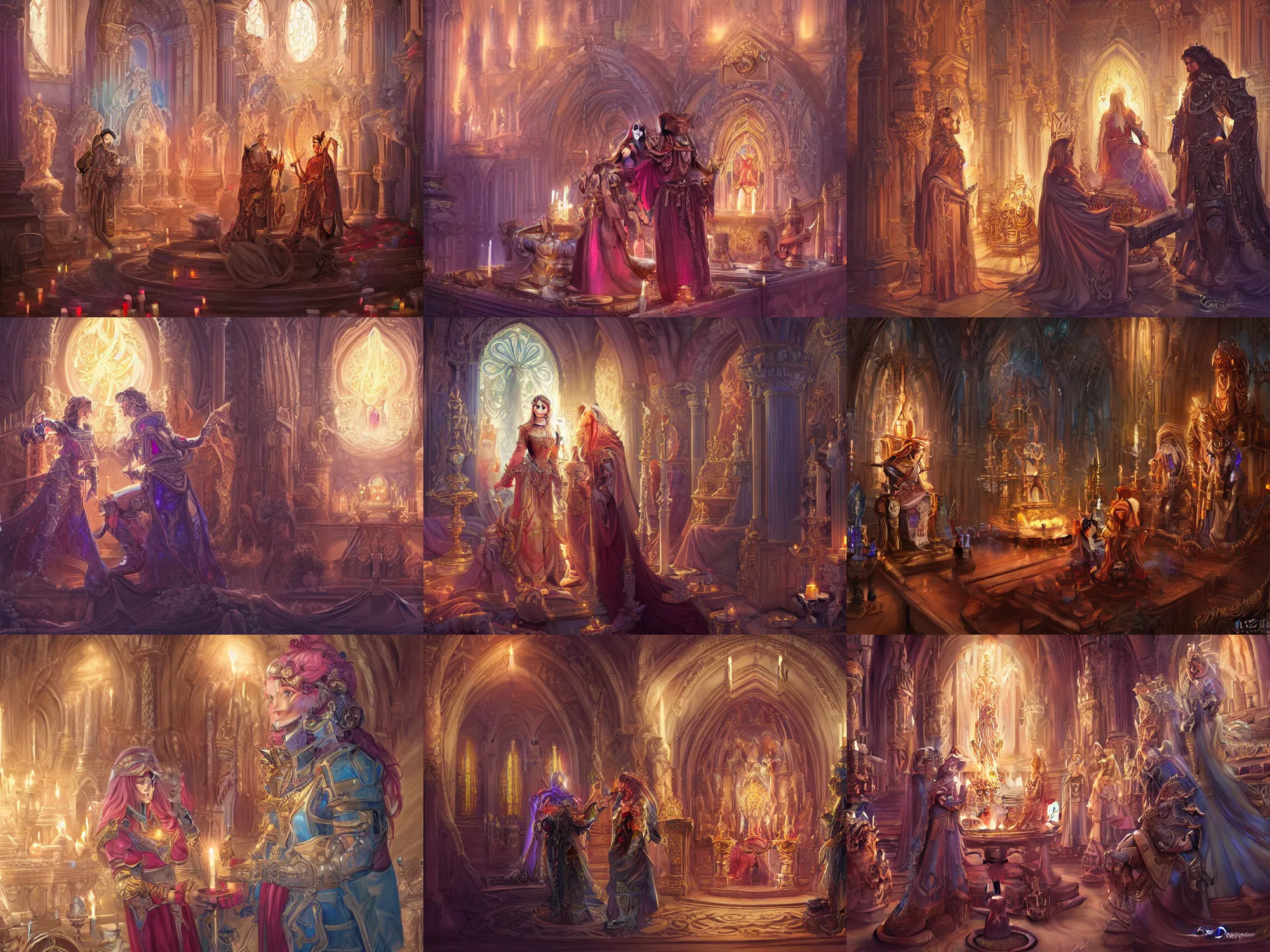 Prompt: lesbian wedding picture of cryomancer and paladin, in a highly detailed holy temple, altar, candles, beautiful memories, high fantasy, colorful, highly detailed faces, high details, ornamental, exquisite, sharp focus, chiaroscuro, digital painting, by rossdraws