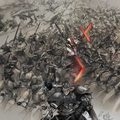 Image similar to one hero with sword looking at army of swordsmen in the background, in the middle of an arena, crowd of people, pencil art, straight, clear, added detail, high definiton, colored, backfacing, by yoji shinkawa