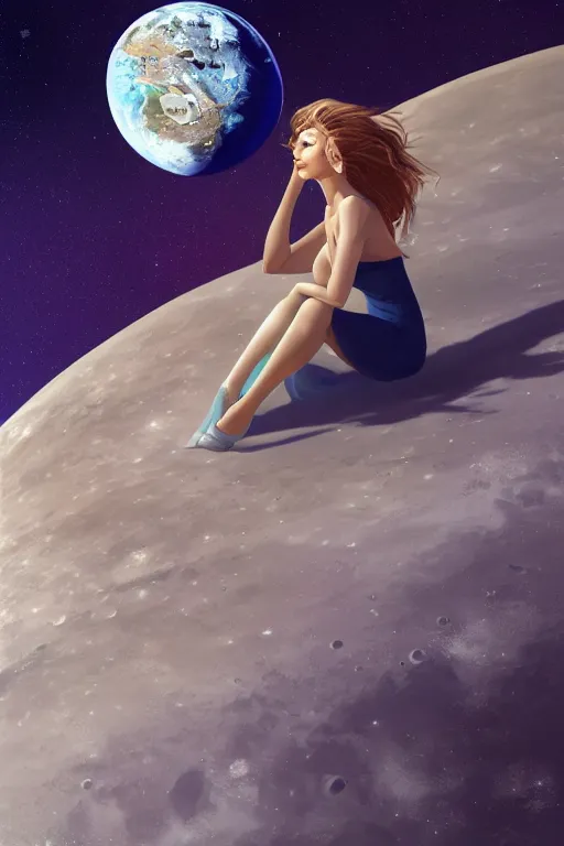 Image similar to Beautiful Woman sitting on the moon with a view of the earth in the background, digital painting, highly detailed, artstation, concept art, smooth, sharp focus, illustration.