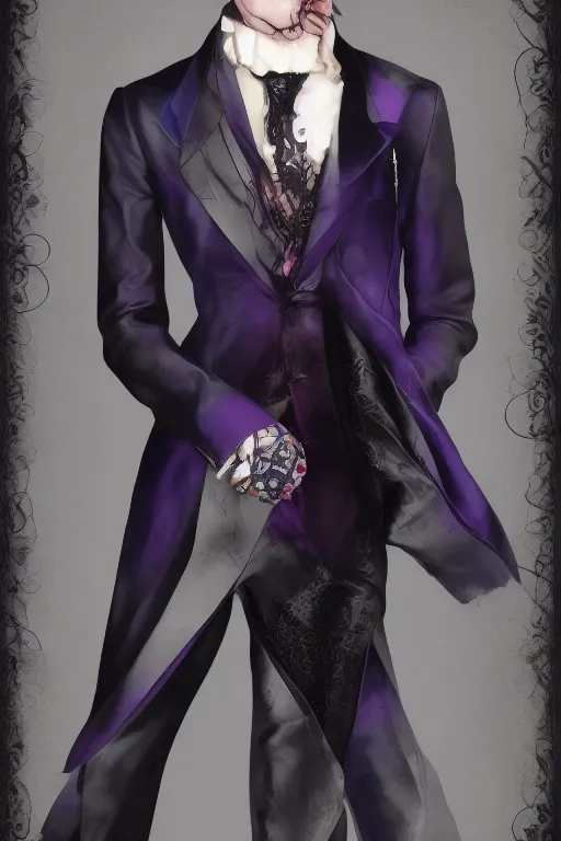 Prompt: hyper realistic male macabre gothic powersuit dapper look artwork of high - end haute couture bespoke with leather fashion by ali sabet, lisa frank & sho murase