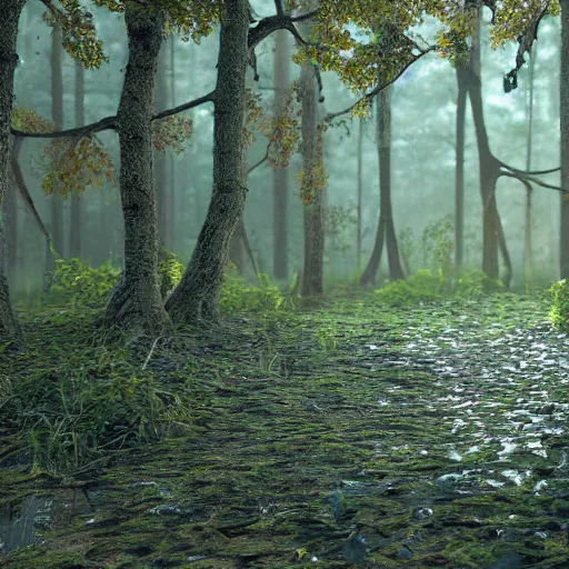 Prompt: frogland forest, high definition, 8 k, photorealistic, octane render, highly detailed