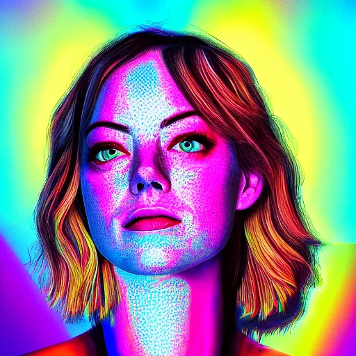 Prompt: surreal Emma Stone covered in chromatic distortions standing in mysterious place, beautiful, psychedelic, lsd, trending on artstation, artwork by Hughes, Edward Robert