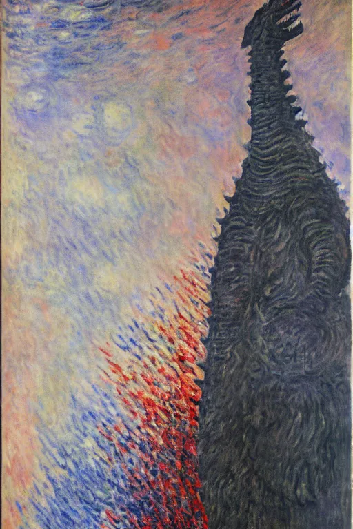 Image similar to shinzo abe head on Godzilla painting by claude monet