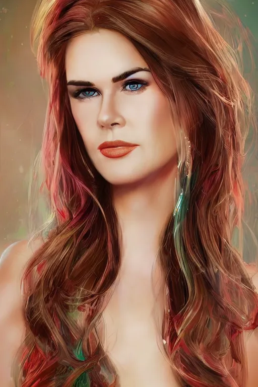 Prompt: mix of beautiful young maria shriver, mariel hemmingway, brooke shields, nicole kidman and elle macpherson as a mermaid, thin lips, hair tied up in a pony tail, dark hair, colorful, artstation, cgsociety