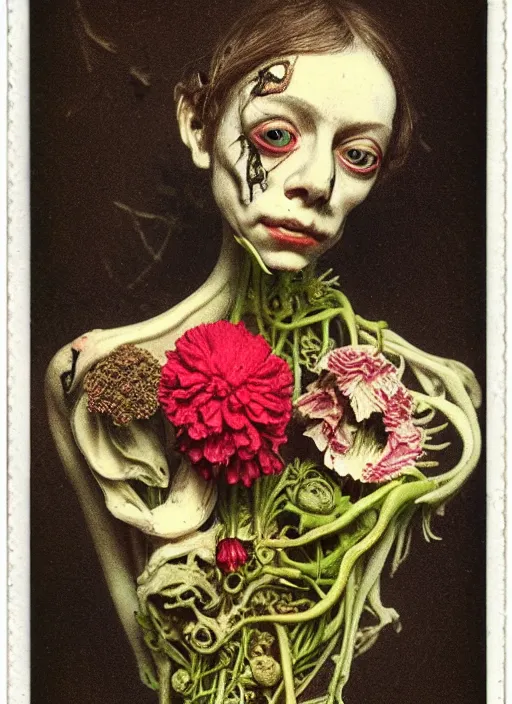 Image similar to beautiful and detailed rotten woman made of plants and many types of stylized flowers like carnation, chrysanthemum, roses and tulips, anatomica, intricate, organs, ornate, surreal, john constable, guy denning, gustave courbet, caravaggio, romero ressendi 1 9 1 0 polaroid photo