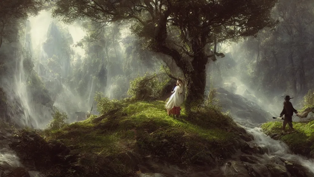 Image similar to [ searching for tom bombadil ] andreas achenbach, artgerm, mikko lagerstedt, zack snyder, tokujin yoshioka