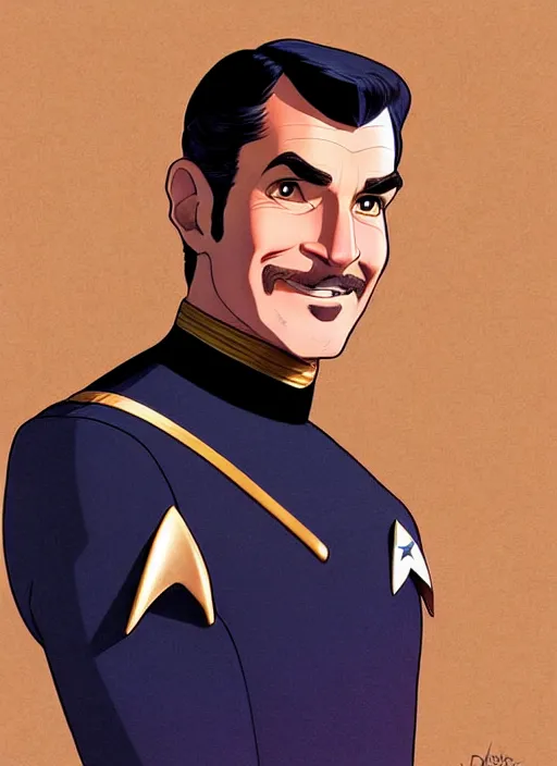 Image similar to cute star trek officer daniel plainview, natural lighting, path traced, highly detailed, high quality, digital painting, by don bluth and ross tran and studio ghibli and alphonse mucha, artgerm