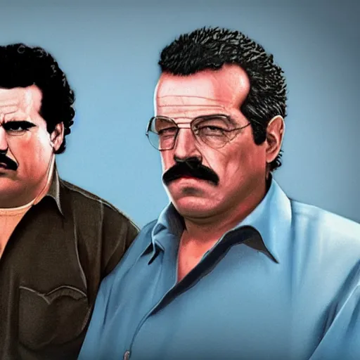 Image similar to Pablo Escobar next to Walter White 4K quality super realistic