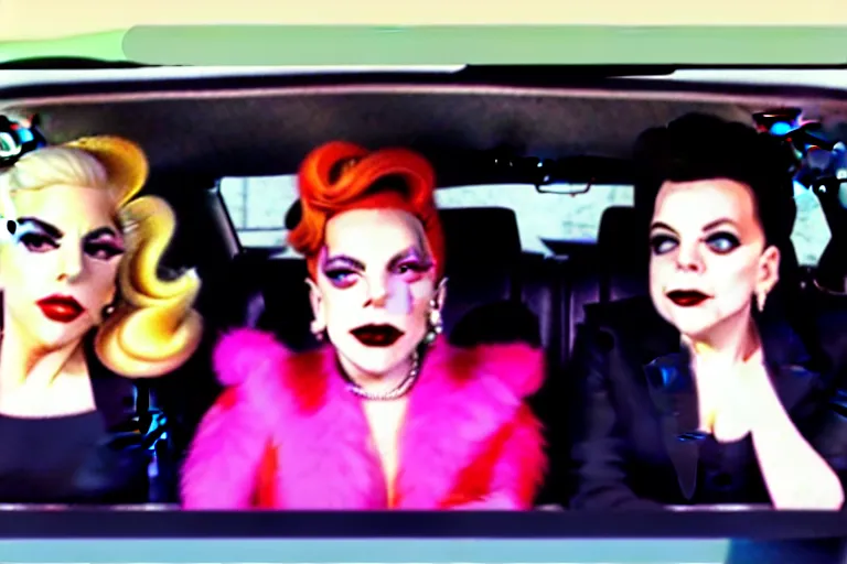 Image similar to lady gaga and judy garland doing carpool karaoke, lady gaga and judy garland, carpool karaoke, lady gaga, judy garland, carpool karaoke, youtube video screenshot, the late late show with james corden