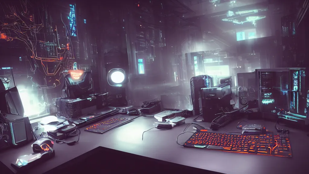 Image similar to a cyberpunk overpowered computer. Overclocking, watercooling, custom computer, cyber, mat black metal, alienware, futuristic design, desktop computer, nebula, galactic, space, minimalist desk, minimalist home office, whole room, minimalist, Beautiful dramatic dark moody tones and lighting, orange neon, Ultra realistic details, cinematic atmosphere, studio lighting, shadows, dark background, dimmed lights, industrial architecture, Octane render, realistic 3D, photorealistic rendering, 8K, 4K, Cyborg R.A.T 7, Republic of Gamer, computer setup, highly detailed