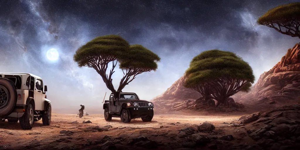 Prompt: mahindra thar riding through moonlit socotra island with dragon trees, starry night, chasing action scene, epic fantasy, sharp focus, trending on ArtStation, masterpiece, by Greg Rutkowski, by Ross Tran, by Fenghua Zhong, corona render, soft render, ultrarealistic, colorful, cinematic, shadow of the tomb rider