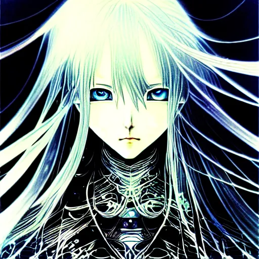 Image similar to yoshitaka amano blurred and dreamy illustration of an anime girl with wavy white hair and cracks on her face wearing elden ring armour with the cape fluttering in the wind, abstract black and white patterns on the background, noisy film grain effect, highly detailed, renaissance oil painting, weird portrait angle