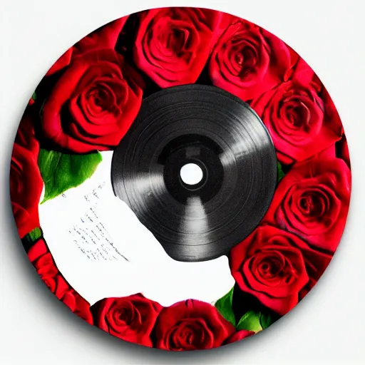 Prompt: red roses, laying on a vinyl record, dark photo, faded, noir