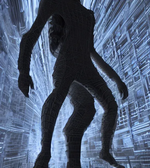 Image similar to aura of the ancient destroyed majestic tower of babylon, geometrieva in a gantz suit, futuristic cyber clothing, transparent puffer jacket, tarkovsky greatest scene, hyperealistic, blockchain, cyber world, ambient lighting, concept art, intricate, hyper detailed, smooth, dynamic volumetric lighting, ocatane, ray trace, cinematic, high quality, cgsociety