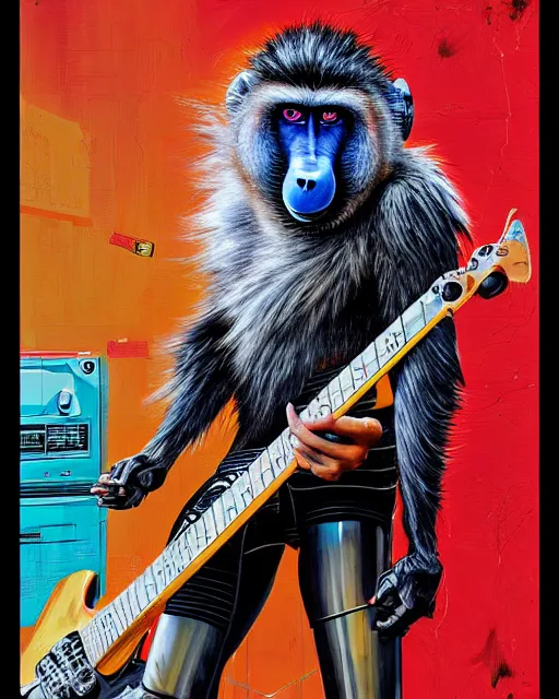 Image similar to a portrait of an anthropomorphic cyberpunk baboon shredding an electric guitar by sandra chevrier, by jon foster, detailed render, tape deck, epic composition, cybernetics, 4 k realistic, cryengine, realistic shaded lighting, sharp focus, masterpiece, by enki bilal