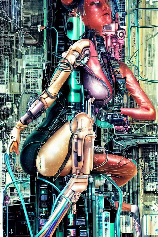 Image similar to a detailed airbrush cyberpunk illustration of a female android seated on the floor in a tech labor, seen from the side with her body open showing cables and wires coming out, by masamune shirow, hajime sorayama, boris vallejo and katsuhiro otomo, japan, 1980s, dark, colorful