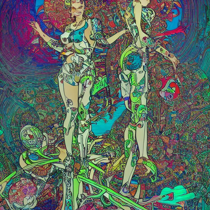 Prompt: a minimal photograph of a cyborg poptart triadic ballet fractal tropical oasis, 8 k, realistic, highly detailed, remote control disco backpack, art by todd mcfarlane, artgerm, alphonse mucha, hajime sorayama