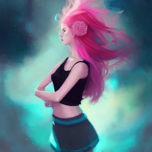 Image similar to colorful and festive captivating teenager girl with pink hair, cyan top crop, black skirt, black leggings, cute look. rich vivid colors, ambient lighting, dynamic lighting, 4 k, atmospheric lighting, painted, intricate, highly detailed by charlie bowater