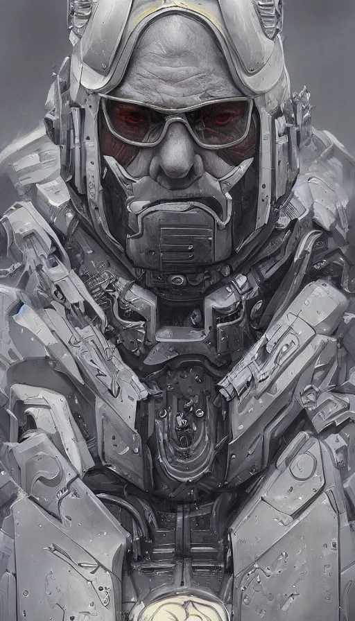 Prompt: Portrait of Bernie Sanders wearing futuristic power armor, fantasy, horror, intricate, highly detailed, digital painting, trending on artstation, sharp focus, illustration, style of Stanley Artgerm