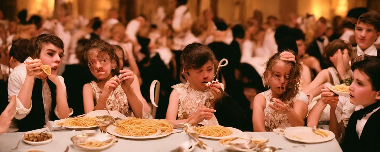 Image similar to young people eating spaghetti at a cotillion dance, fancy outfits, high detailed face, facial expression, small details, intricate, canon 5 0 mm, high detail, intricate, cinematic lighting, photography, wes anderson, film, kodachrome