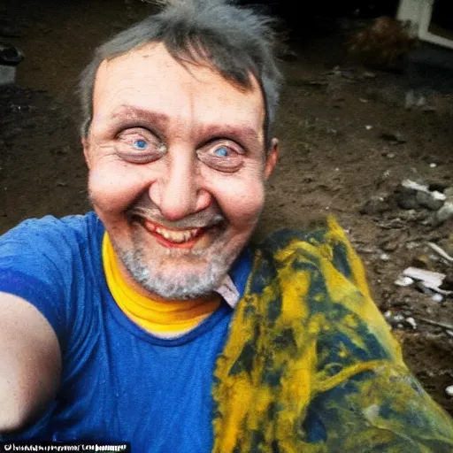 Image similar to last selfie of last alive of frightened funny damaged to bones ukrainian in dirty yellow and blue rags that trying to escape from a huge nuclear explosion at background