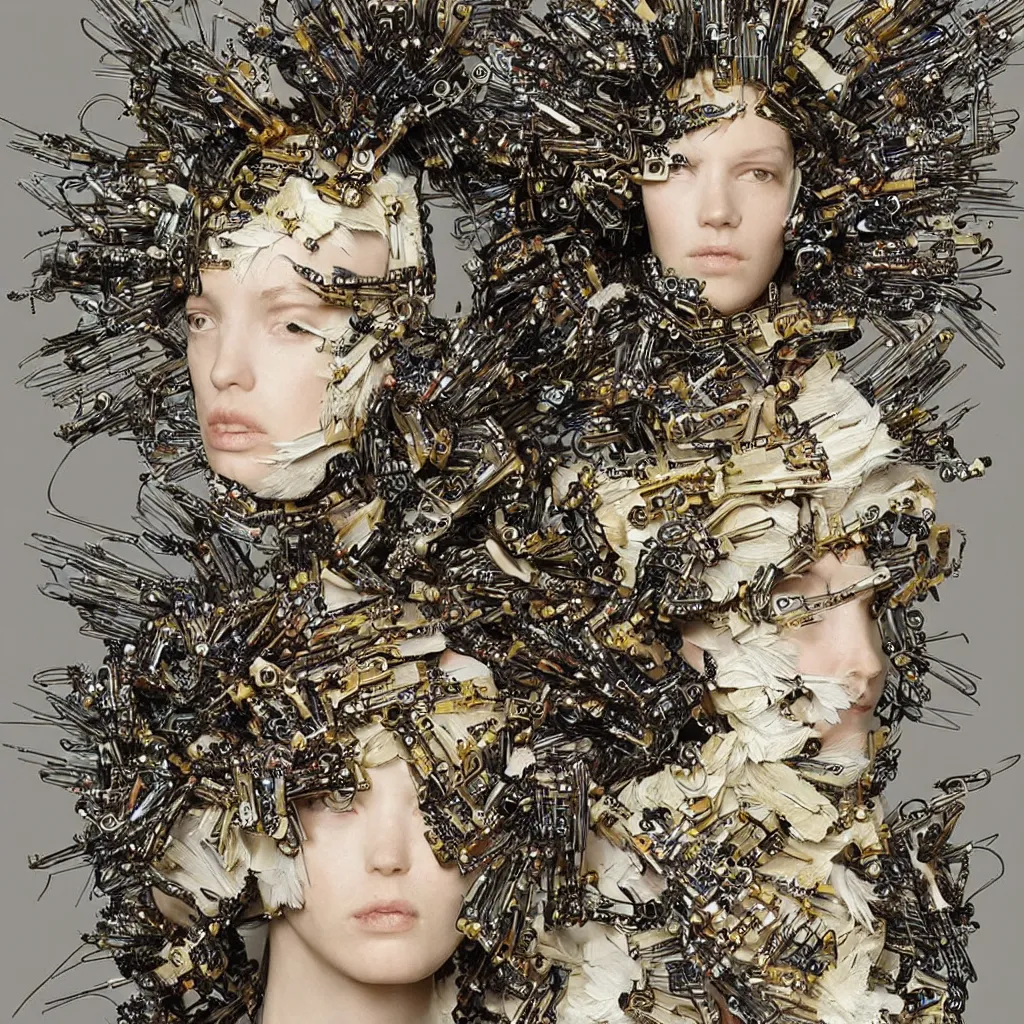Prompt: a woman with a weird head piece on her head, a flemish Baroque by Alexander McQueen, trending on pinterest, panfuturism, made of paperclips, made of insects, made of feathers,