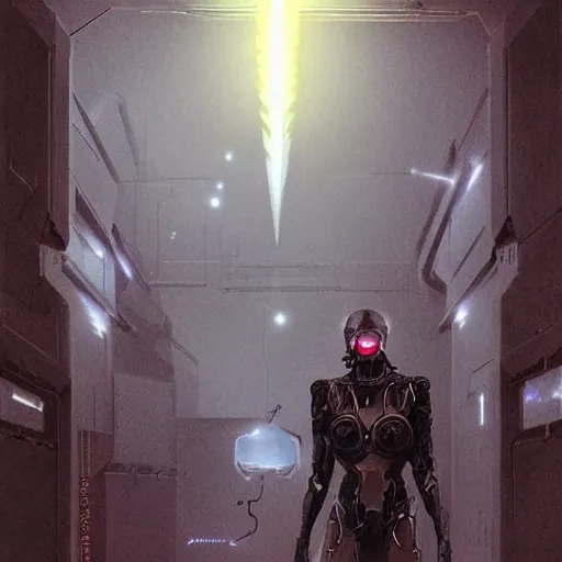 Prompt: humanoid electric transparent lightning elemental wearing sci-fi goggles, haunted spaceship hallway, sci-fi artwork, horror, 8k, concept art, dramatic pose, art by artgerm and greg rutkowski