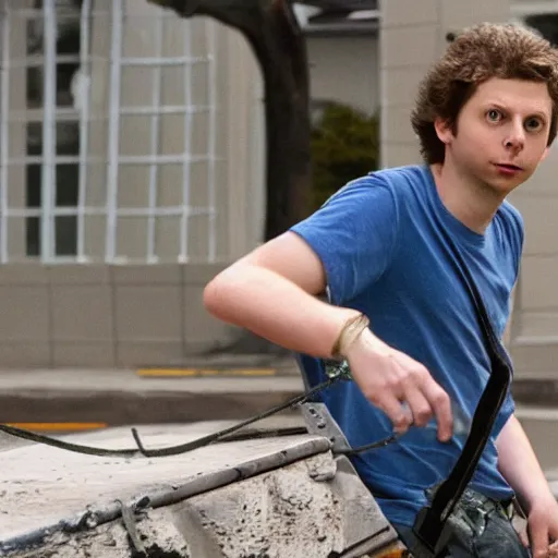 Prompt: michael cera as an action movie star, cinematic, directed by michael bay