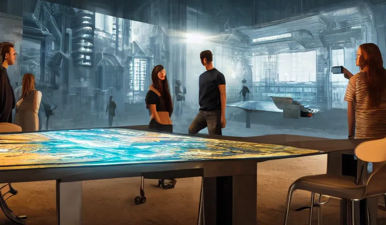 Image similar to group of people in bare walled warehouse, looking at hologram of futuristic city on a table, cinematic concept art, godrays, golden hour, natural sunlight, 4 k, clear details, tabletop model buildings, center model buildings, hologram center, crane shot, crane shot, crane shot