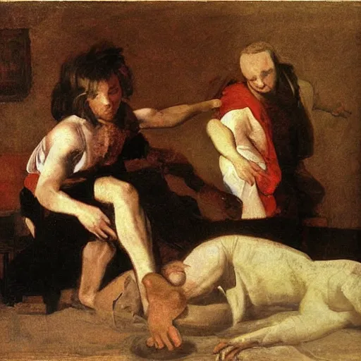 Prompt: two blurry figures in a messy room. scrumbling. Scratches. By Caravaggio. white red yellow brown.