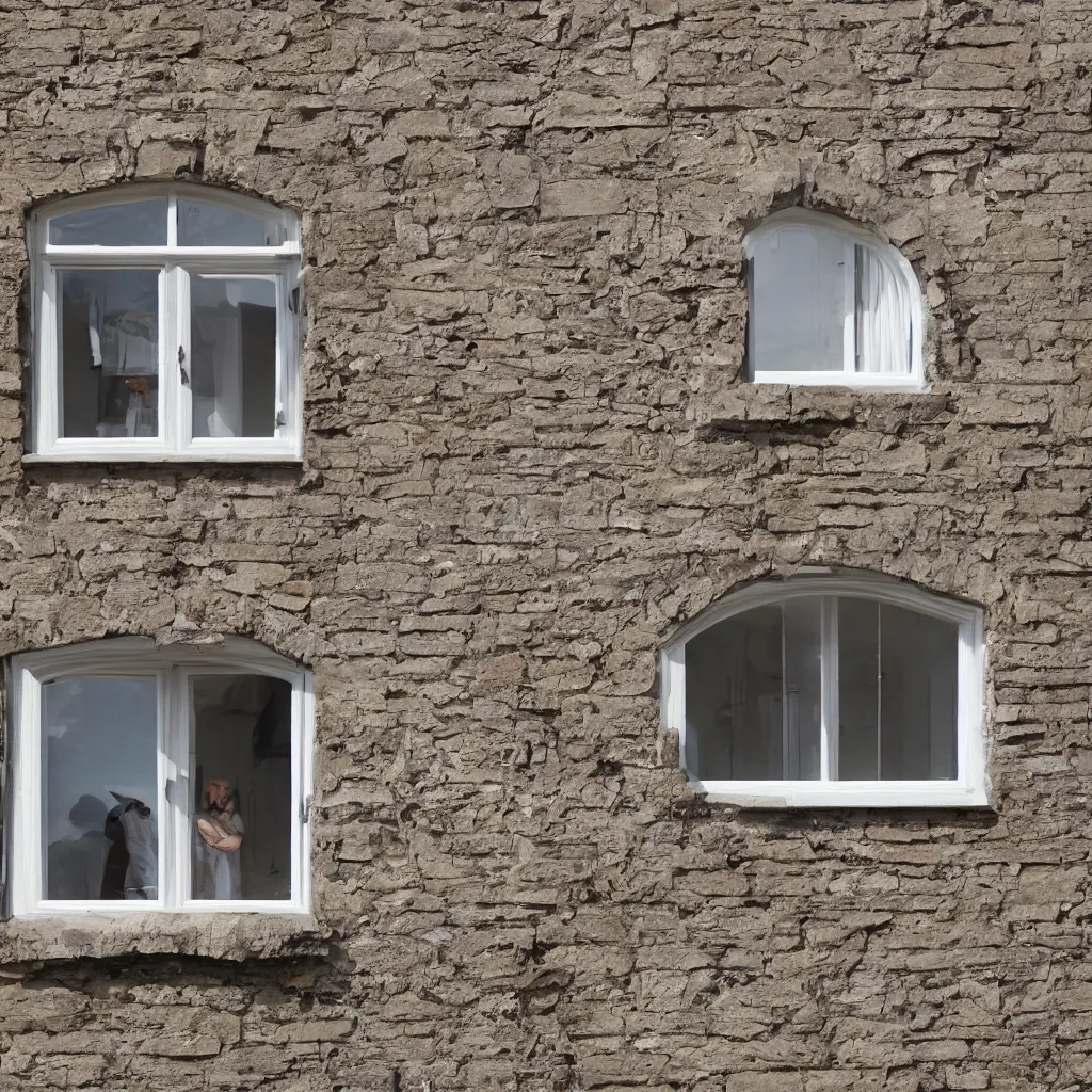 Image similar to single triangular or round sash window on a british wall, surprised and perplexed builders standing in front of it