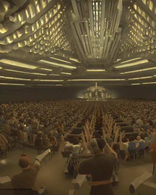 Image similar to scifi movie scene digital matte painting of a crowd in a futuristic church by craig mullins and ghibli, strong contrast, priest, pews, ethereal, inviting, bright, raking light, unreal engine 5, hyper realism, realistic shading, cinematic composition, blender render, octane render, hdr, detailed textures, photorealistic, wide shot