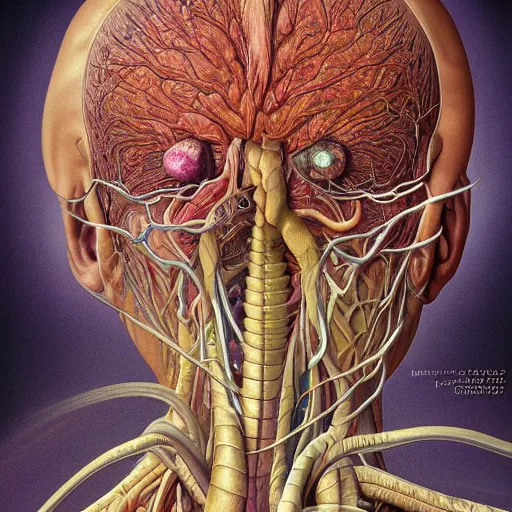 Image similar to nightmare etherreal iridescent vascular nerve bundles pearlescent spinal chord horror by naoto hattori, zdzislaw, norman rockwell, studio ghibli, anatomical cutaway