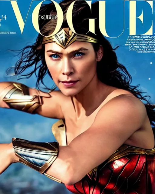 Prompt: Chris Hemsworth as Wonder Woman, Vogue cover photo, realistic face, detailed face, highly detailed, professional photo