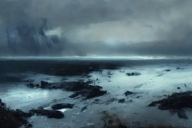 Image similar to painting of estonian coastal landscape, by jeremy mann and greg rutkowski, dramatic, cinematic light, oil on canvas