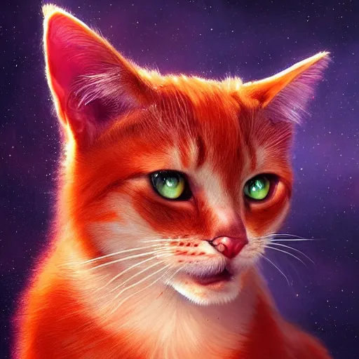 Prompt: portrait of a beautiful red cat celestial background, fantasy, highly detailed, cinematic lighting, digital art painting by artgem and greg rutkowsk, trending on artstation, very very beautiful, very attractive