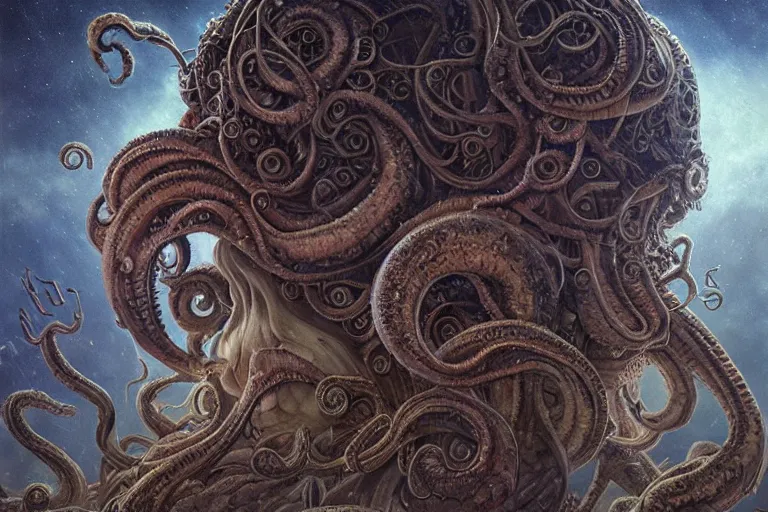 Image similar to a lovecraftian painting of cthulhu face of cosmic horror, cosmic horror elements, ultra realistic, concept art, intricate details, eerie, highly detailed, photorealistic, octane render, 8 k, unreal engine. art by artgerm and greg rutkowski and alphonse mucha