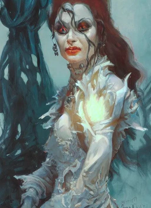 Image similar to a highly detailed beautiful portrait of an evil necromancer woman, fantasy, by gregory manchess, james gurney, james jean