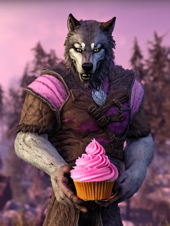 Prompt: cute handsome cuddly burly surly relaxed calm timid werewolf from van helsing holding a cute cupcake with pink frosting in a candy shop sweet unreal engine hyperreallistic render 8k character concept art masterpiece screenshot from the video game the Elder Scrolls V: Skyrim