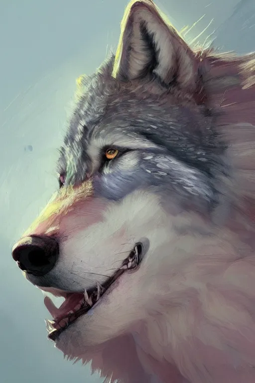 Image similar to painted portrait of realistic wolf wearing pink shirt, mature, handsome, blue eyes, intricate, digital painting, artstation, concept art, smooth, sharp focus, illustration, art by gaston bussiere and greg rutkowski