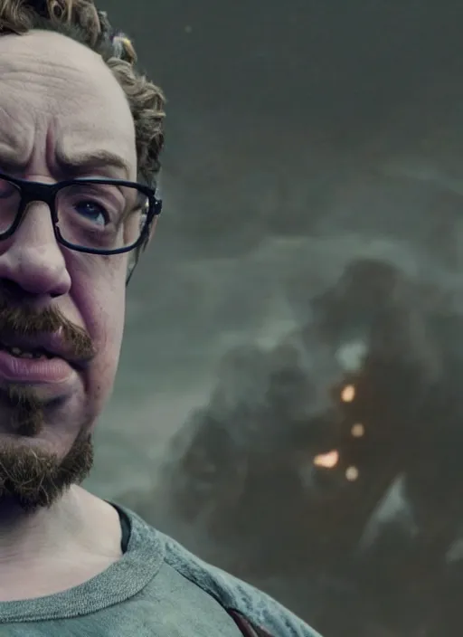 Image similar to a still of sam hyde as thanos in avengers endgame emerging a portal, octane render, rule of thirds, sigma look, beautiful