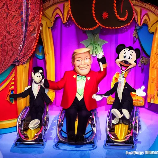 Image similar to three child puppets inside the its a small world ride at disneyland that look like greg abbott in a wheelchair and donald trump and ron desantis, highly detailed, high definition, ultra realistic