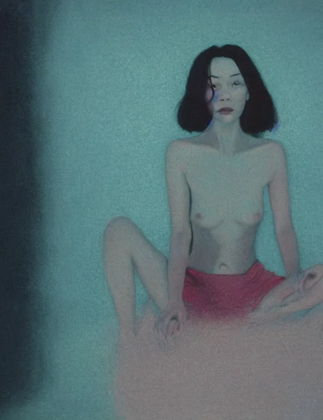 Image similar to woman sits in a dark room fool of tv screens at home, blue rays from tv, redshift, wide shot, coloured polaroid photograph, pastel, kodak film, hyper real, stunning moody cinematography, by maripol, fallen angels by wong kar - wai, style of suspiria and neon demon, david hockney, detailed, oil on canvas